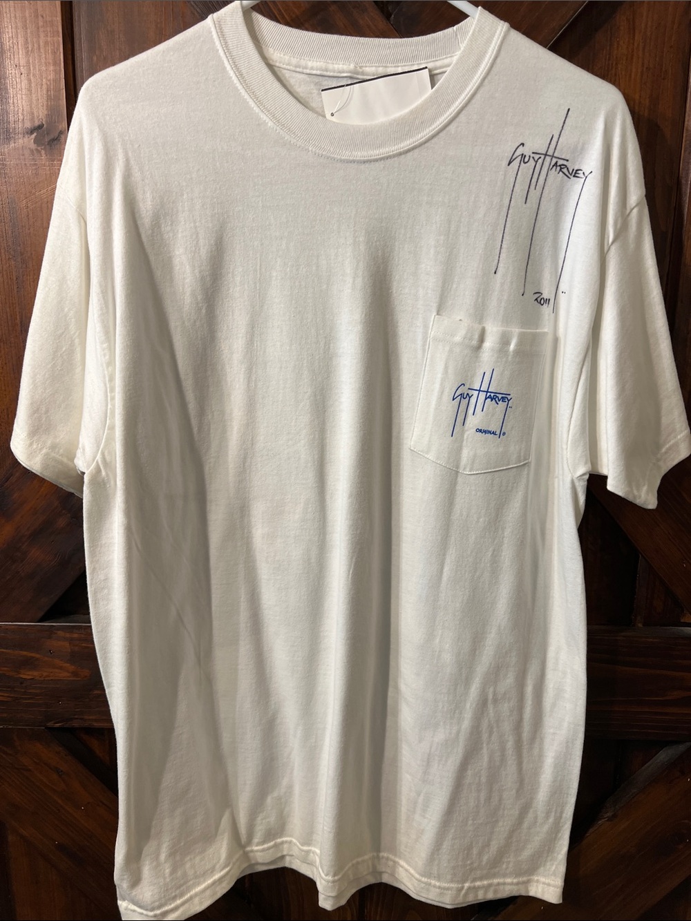 Guy Harvey White Short Sleeve Autographed Pocket T-Shirt with Navy Signature